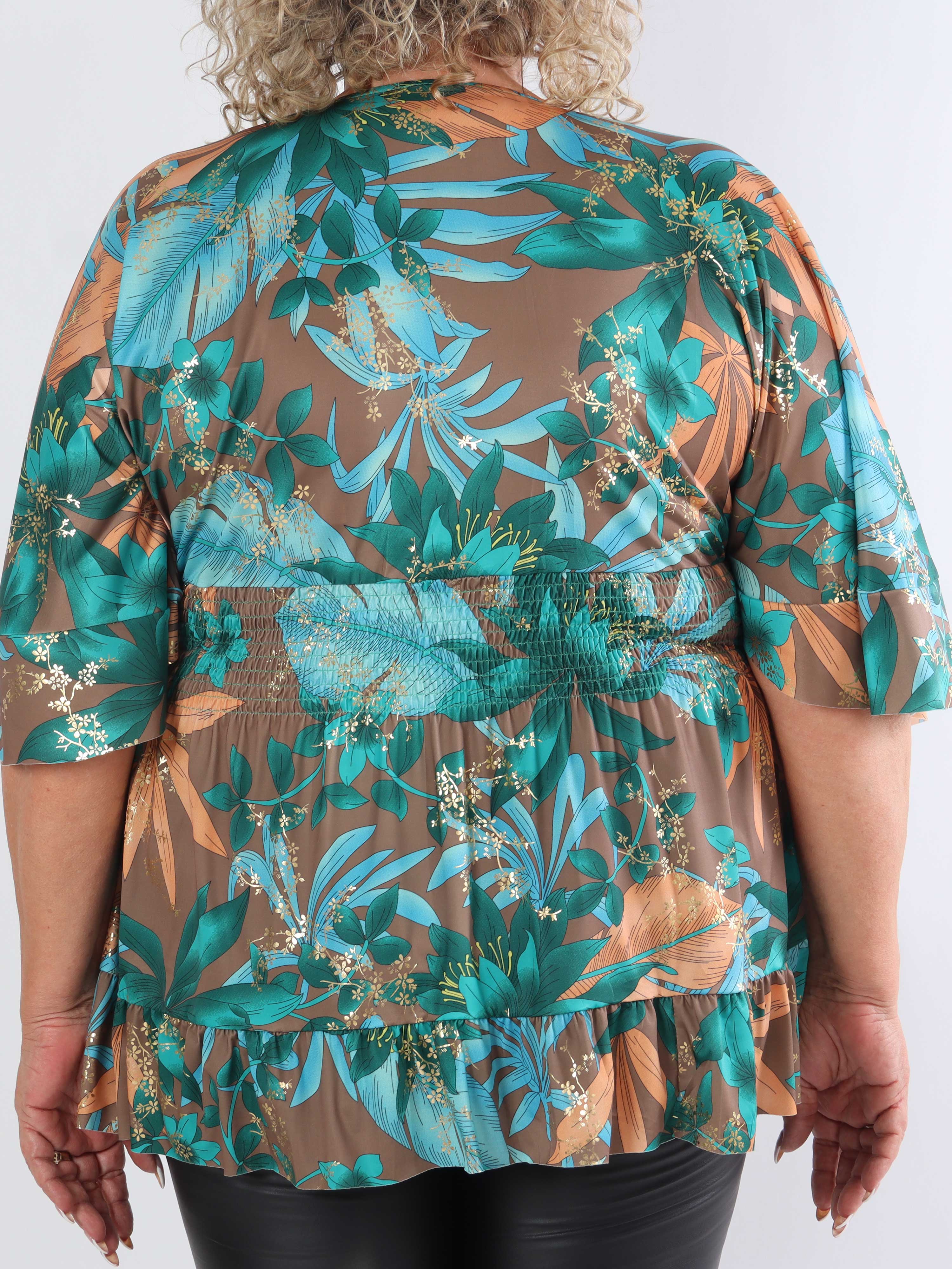 Pamela Gold Flower Shirt - Sød plus size tunika med smock og flæser